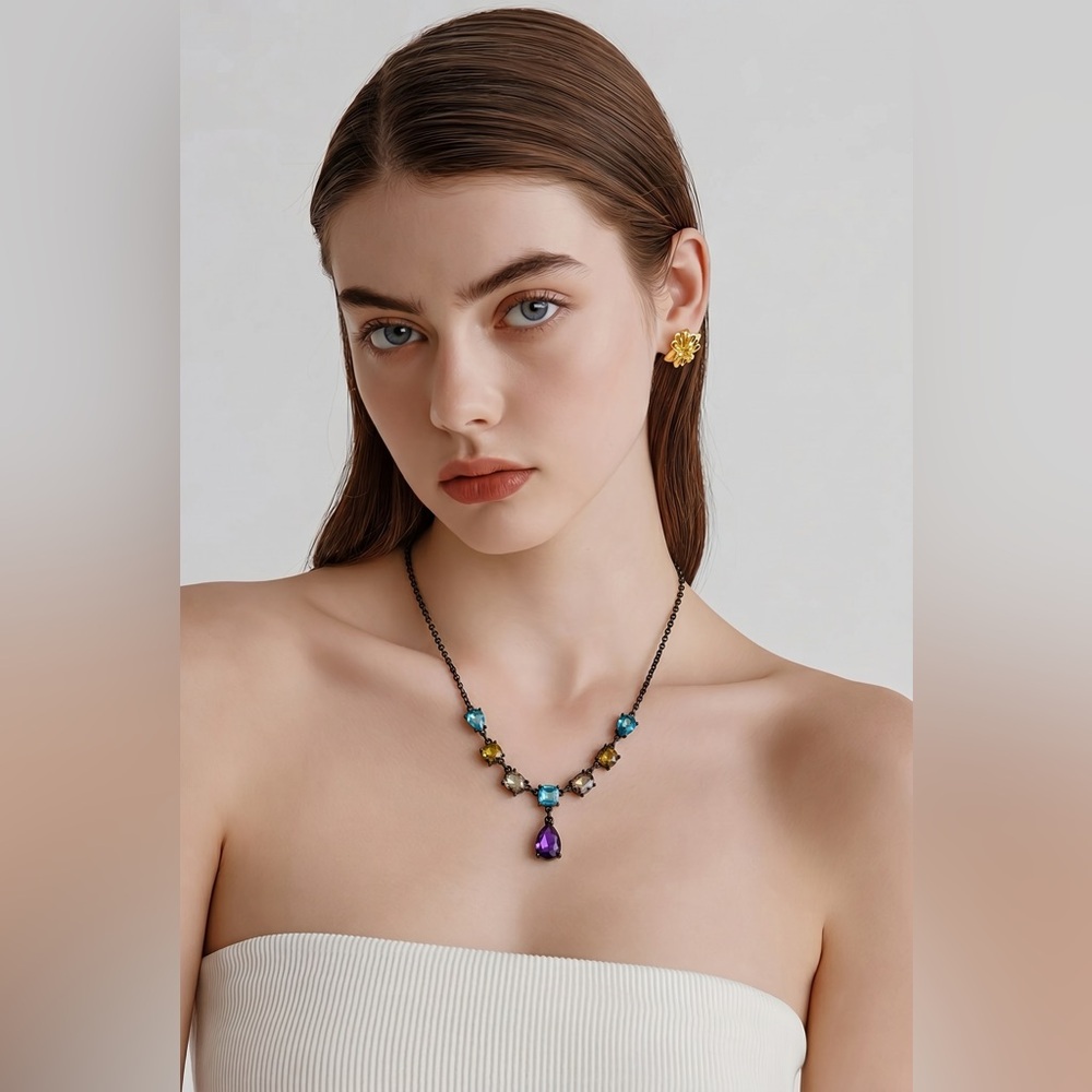 Avon Purple Teardrop & Multi Crystal Lariat Japanned 17” plus 3” Necklace